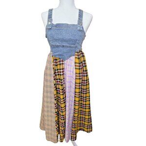 Ces Femme Overall Plaid Denim Long Dress Sz Small Pockets Country Farmgirl Rodeo